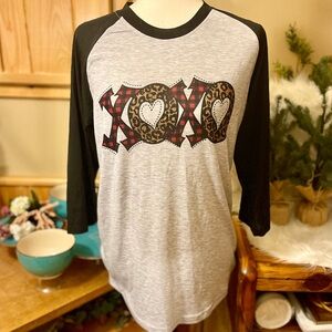 Gray and Black Valentine’s Day Raglan Shirt with XOXO Design